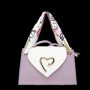 Light purple mini square bag with white heart flap and silk scarf handle detail