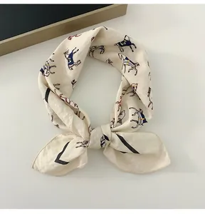 Detailed shot of cotton linen square scarf with vintage equestrian horse print pattern