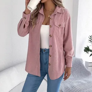Elegant pink single-breasted corduroy jacket shirt for women with loose fit autumn style