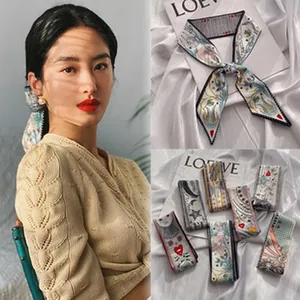 Elegant retro floral skinny silk scarf French style headband for women decorative ribbon