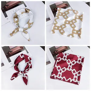 Elegant small square silk scarf with classic chain print for women's professional wear