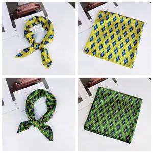 Four detailed views of stylish printed silk square scarves in yellow and green argyle patterns.