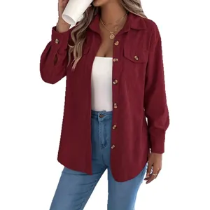 Elegant burgundy corduroy long sleeve shirt jacket with single breasted design for women