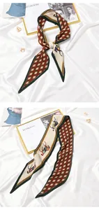 Detail of elegant pleated skinny scarf with vintage horse print and check pattern for women