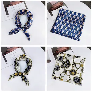 Detailed collage showing various prints and styling options for women's square silk scarves.
