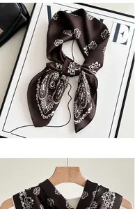 Brown silk imitation scarf with white paisley pattern shown on a hanger and art board.