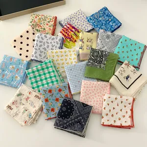 Collection of cotton linen square scarves featuring colorful floral and animal patterns