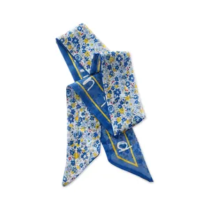 French vintage blue floral chiffon hair scarf ribbon for elegant summer hairstyles