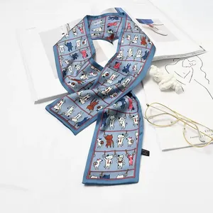 French retro skinny silk scarf featuring cute cartoon cat patterns for hair and neck