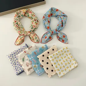 Cotton linen square scarves set with floral and cat patterns for hair band and neck