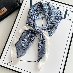 Blue and white paisley print 70cm silk-like neck scarf for elegant styling