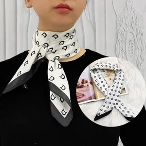 Close-up detail of a French retro long narrow silk scarf with D pattern and pointed ends