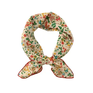 Elegant vintage floral print cotton linen neck scarf with knotted bow design for women
