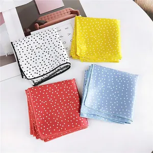 Stylish polka dot square silk scarf for women, available in four vibrant fashion colors.