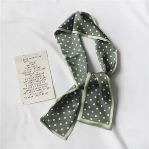 Vintage French style green polka dot skinny silk scarf hair tie headband for women
