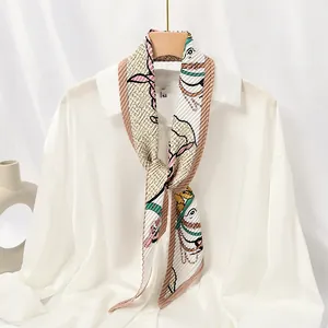 Elegant pleated silk scarf with monogram horse print for women's neck or hair styling