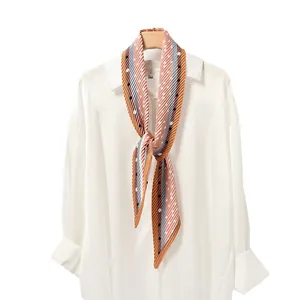 Elegant pleated skinny scarf with vintage polka dot and stripe patterns for stylish women