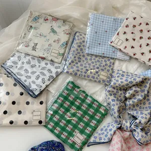 Collection of vintage floral and polka dot cotton-linen square scarves for hair or neck
