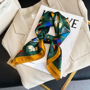 Luxurious green silk-like square scarf with playful cartoon cat print, 70cm size