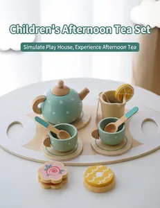 Detailed close-up of a wooden afternoon tea toy set featuring a teapot and cups on a tray.