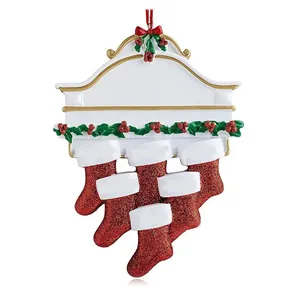 Detailed view of white mantelpiece ornament with six red glittery Christmas stockings.