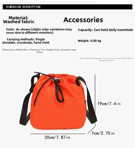 Orange nylon drawstring bucket bag dimensions showing height and width details