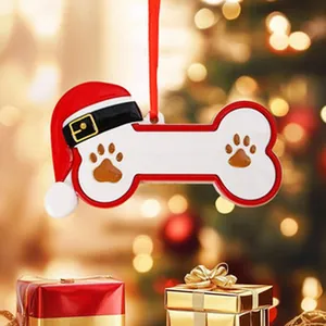 Detailed view of a bone-shaped resin Christmas ornament with a blank DIY name space.