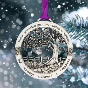 Exquisite silver metal tree of life hanging ornament with engraved memory quote detail