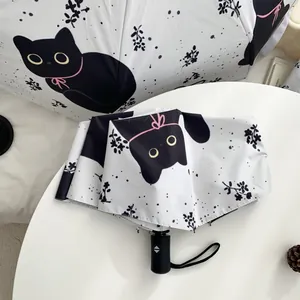 Detailed shot of a white automatic folding umbrella featuring a cute black cat and floral pattern