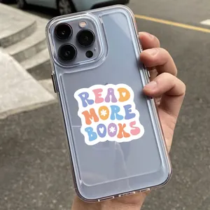 Detailed view of a vibrant 'Read More Books' waterproof sticker on a transparent phone case