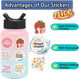 Detailed view of pink bookish stickers on a water bottle showing waterproof features