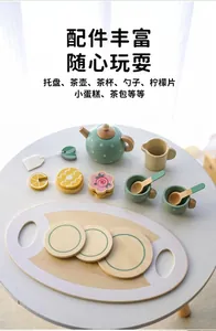 Wooden pretend play tea set with colorful teapot cups and dessert accessories