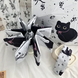 Detailed view of cute black cat and floral pattern on folding UV sun umbrella