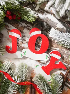Dettaglio degli ornamenti natalizi rossi 'JOY' su uno sfondo innevato festivo