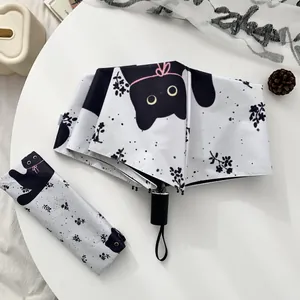 Foldable automatic umbrella featuring a cute black cat pattern with a storage sleeve