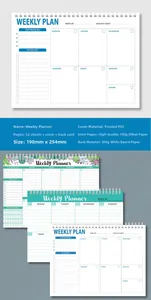 Detailansicht der Spezifikationen und Layout-Designs des Wochenplaner-Notizbuchs.