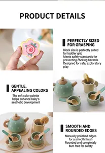 Close-up of smooth-edged wooden teapot and cups from kids simulation tea set.