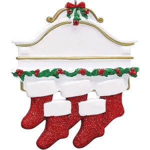 Red glitter Christmas stockings hanging ornament with white personalization plaque for family