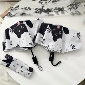 Detailed view of automatic folding umbrella with cute cartoon cat and floral print.