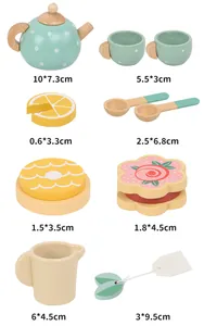 Macro view showing dimensions of various wooden pretend play tea set and dessert pieces.