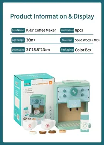 Educational wooden coffee maker toy set for kids' role play with various accessories.