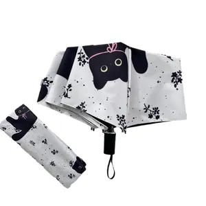 Automatic folding umbrella with cute black cat pattern and UV protection black coating