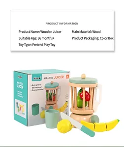 Detail view of a wooden toy juicer set with accessories and packaging box