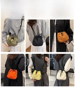 Collage showing lightweight nylon drawstring bucket bags in multiple colors worn by models