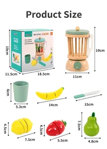 Detailed size specifications for every component of the wooden juicer toy set