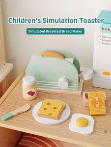 Detailed view of children's wooden play toaster set including toast, butter, and egg