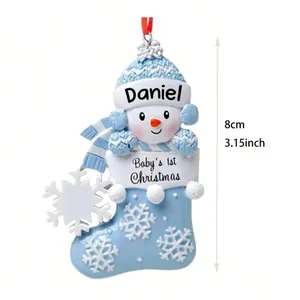 Personalized resin snowman Christmas stocking ornament for baby's 1st Christmas