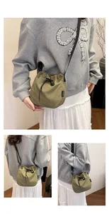 Multi-angle view of a lightweight olive green nylon drawstring crossbody bucket bag