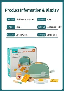 Detailed view of wooden bread maker toy set including toaster and butter accessories