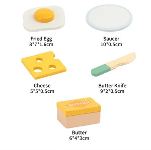 Detailed view of wooden play food items like fried egg and cheese with dimensions.